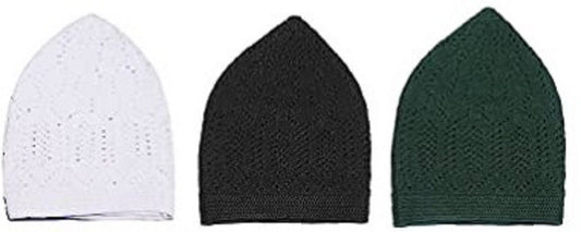 TURKISH KNITTED SUFI NAMAZ TOPI MUSLIM SKULL CAP FOR PRAYER PACK OF 3 BLACK WHITE GREEN