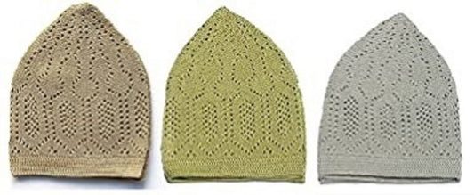 TURKISH KNITTED SUFI NAMAZ TOPI MUSLIM SKULL CAP FOR PRAYER PACK OF 3 BEIGE LAVENDER GREY