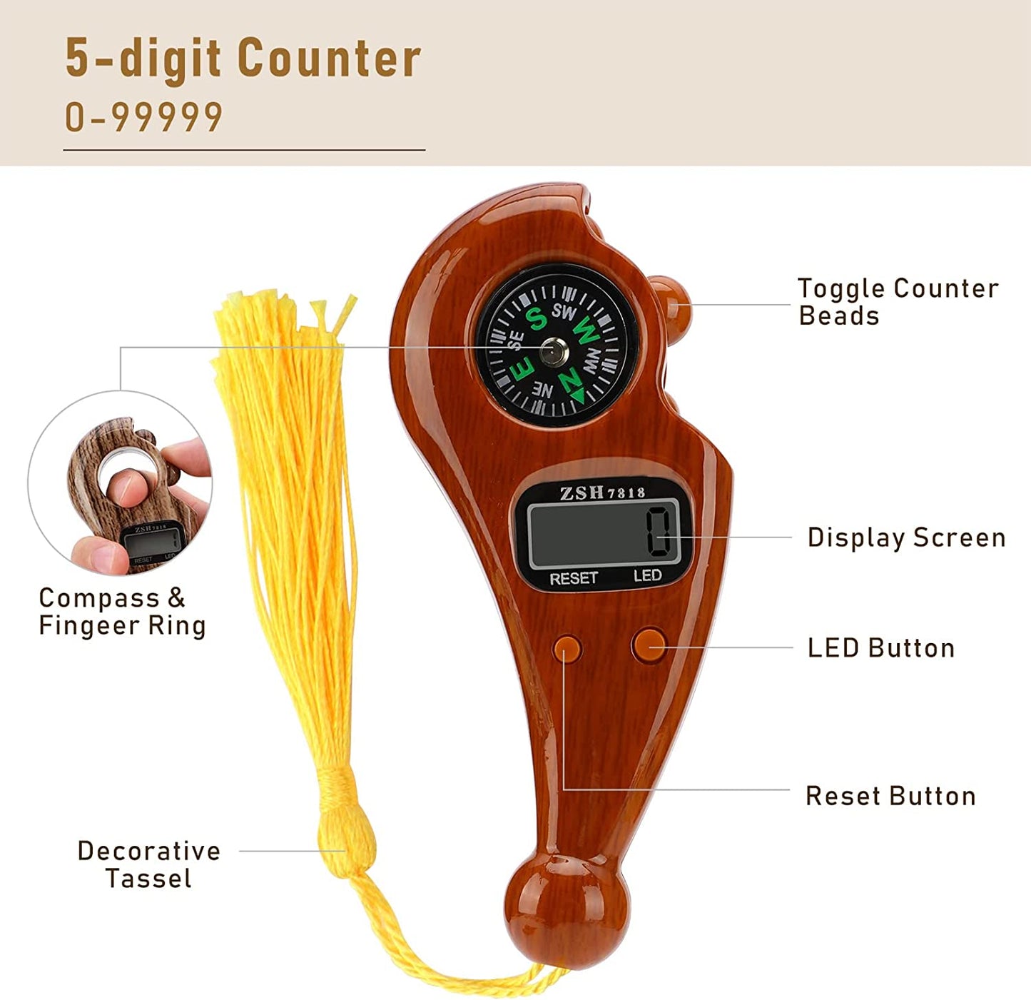 Digital Finger Tasbeeh Misbaha Counter for Prayer Islamic Tasbih Muslim WITH COMPASS TASBEEH