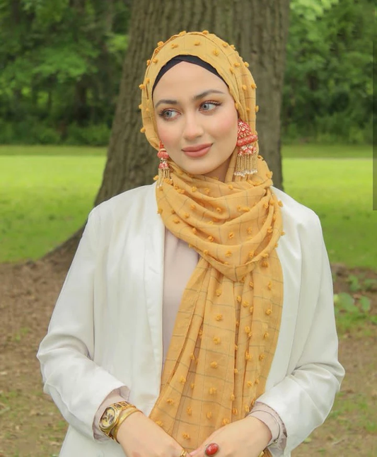 FLOWER EMBELLISHED POM POM COTTON HIJAB SCARF 80 CM BY 180 CM