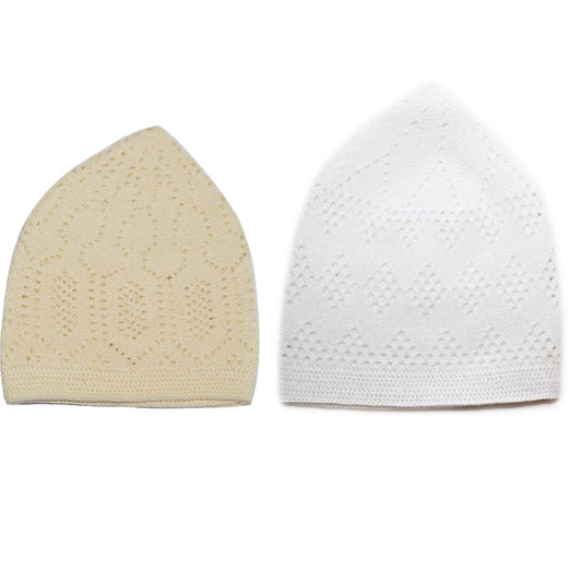 TURKISH KNITTED SUFI NAMAZ TOPI MUSLIM SKULL CAP FOR PRAYER PACK OF 2 BEIGE WHITE
