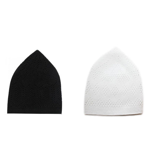 TURKISH KNITTED SUFI NAMAZ TOPI MUSLIM SKULL CAP FOR PRAYER PACK OF 2 BLACK AND WHITE