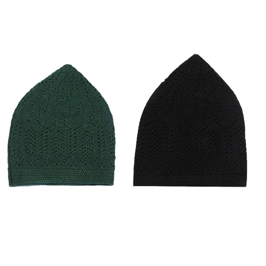 TURKISH KNITTED SUFI NAMAZ TOPI MUSLIM SKULL CAP FOR PRAYER PACK OF 2 GREEN BLACK