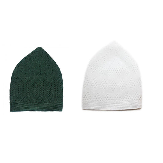 TURKISH KNITTED SUFI NAMAZ TOPI MUSLIM SKULL CAP FOR PRAYER PACK OF 2 GREEN WHITE