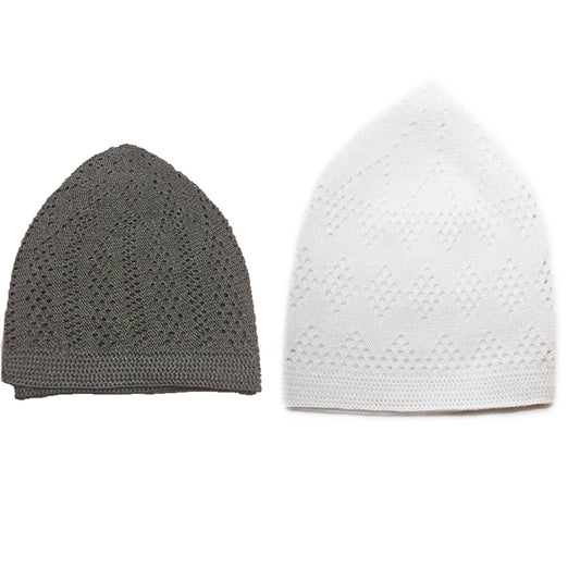TURKISH KNITTED SUFI NAMAZ TOPI MUSLIM SKULL CAP FOR PRAYER PACK OF 2 GREY WHITE