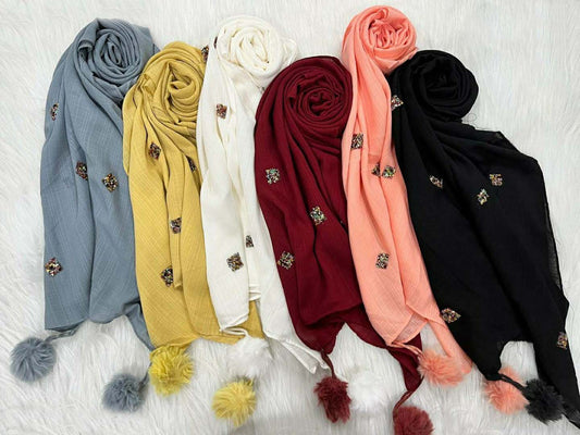 RABBIT FUR BALL COTTON HIJAB WITH LACE