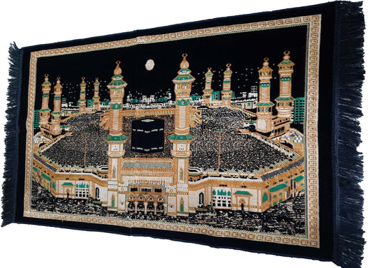 Turkish Islamic Tapestry Wall Decor Carpet - Wall Hanging Kaaba Mecca Design (Black) Size -5.3 feet by 3.3 feet